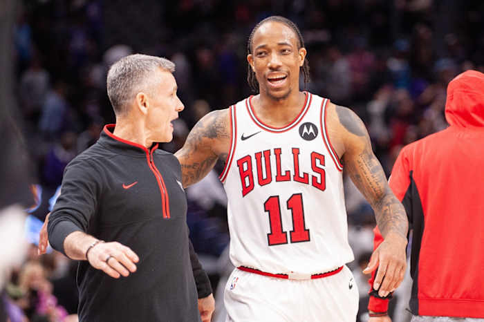 Chicago Bulls forward DeMar DeRozan (11) and head coach Billy Donovan walk off the court after defeating the Sacramento Kings at Golden 1 Center.